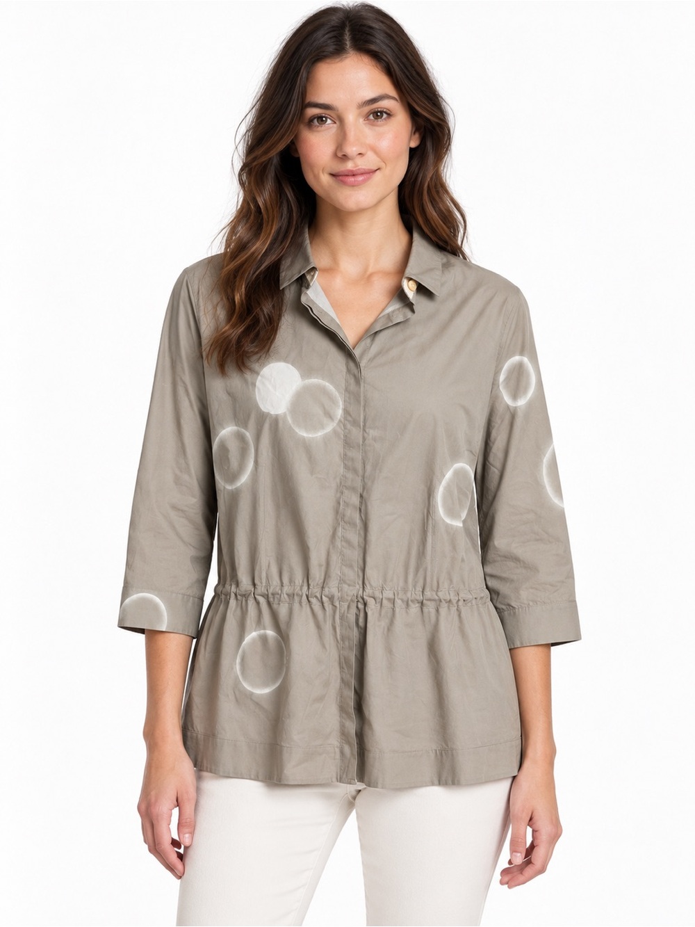 Akris Punto Jacket Top Size 14 Taupe Gray Circle Print Drawstring Utility Shirt